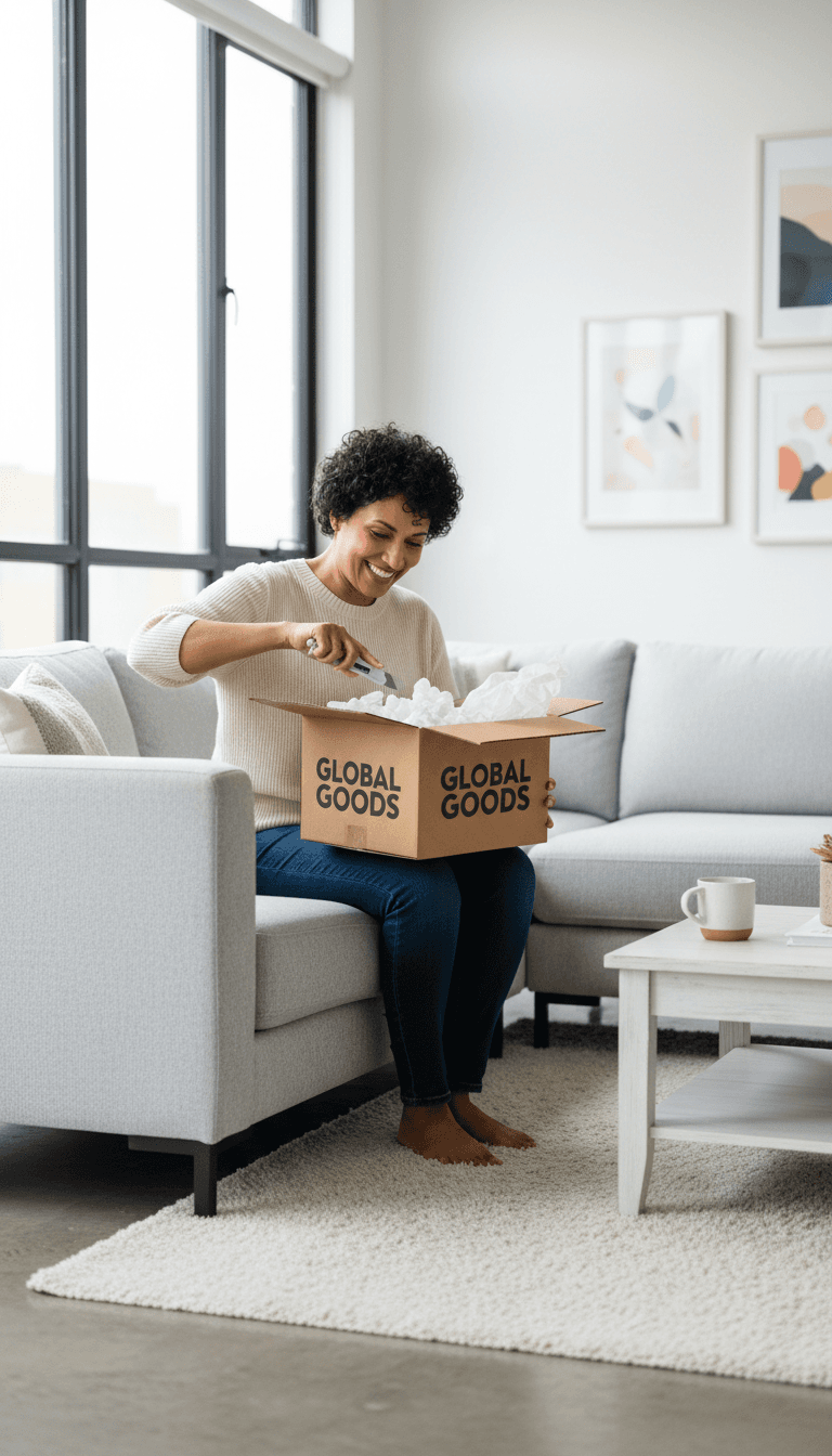 Customer happily opening a delivered package in a modern, well-lit living room.