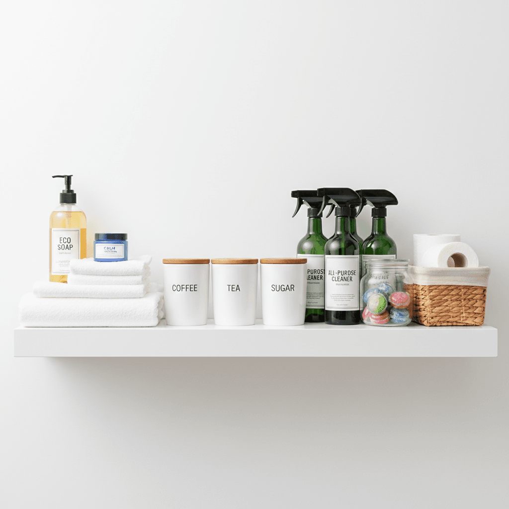 Assorted household essentials on a shelf