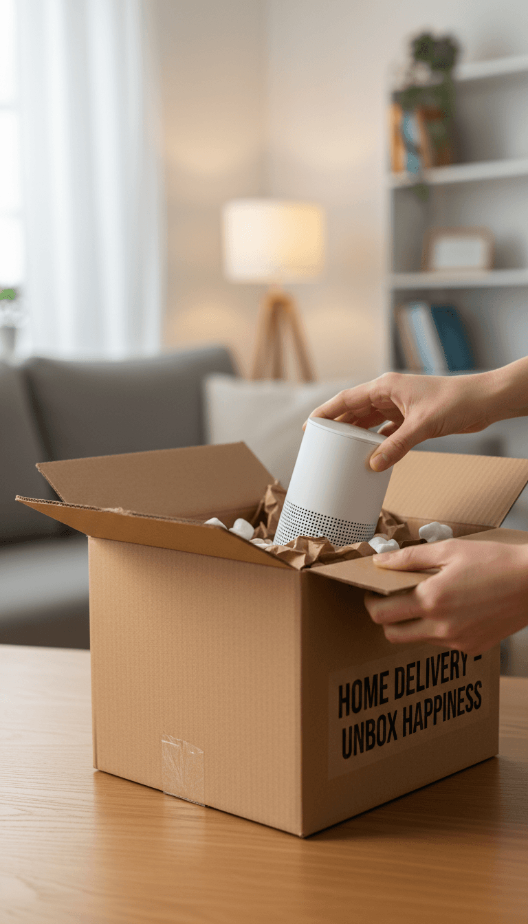 Customer unboxing a product delivery at home
