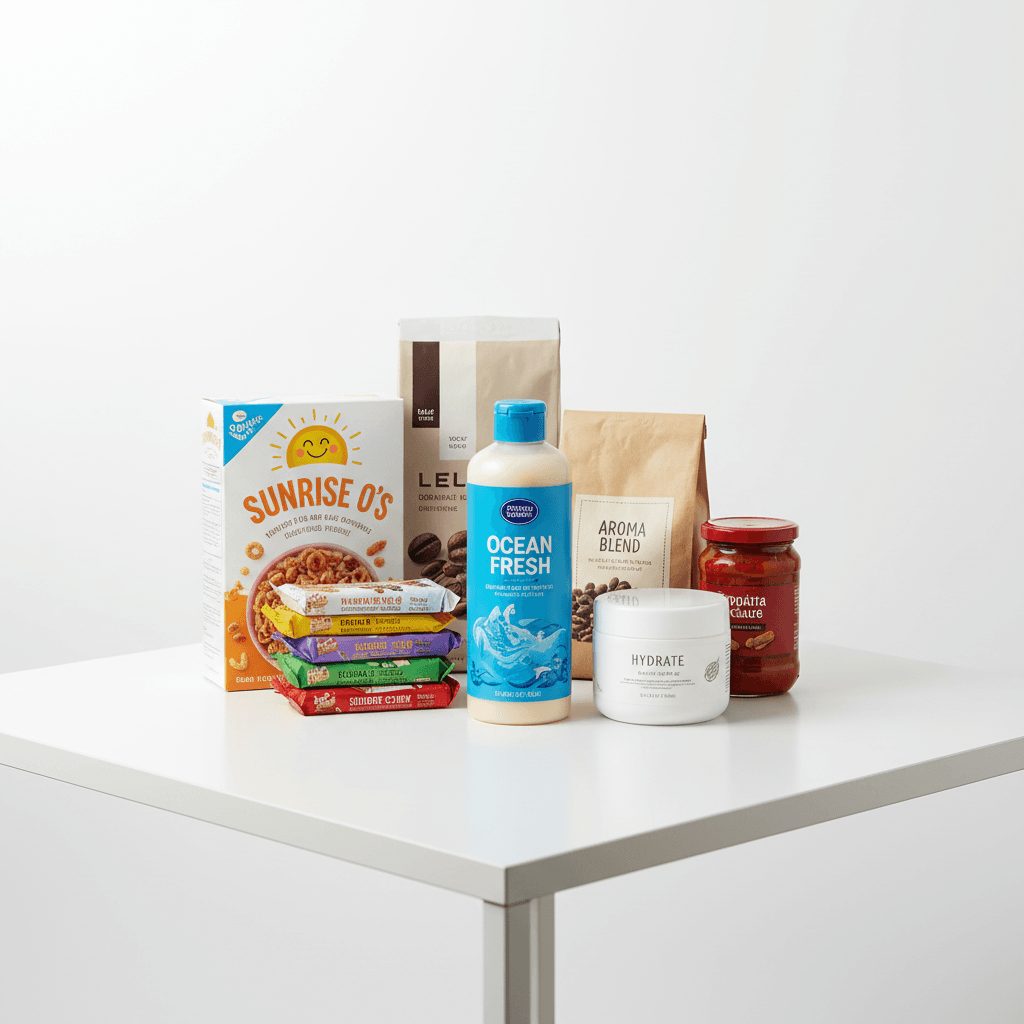 Multiple consumer products arranged on a white surface