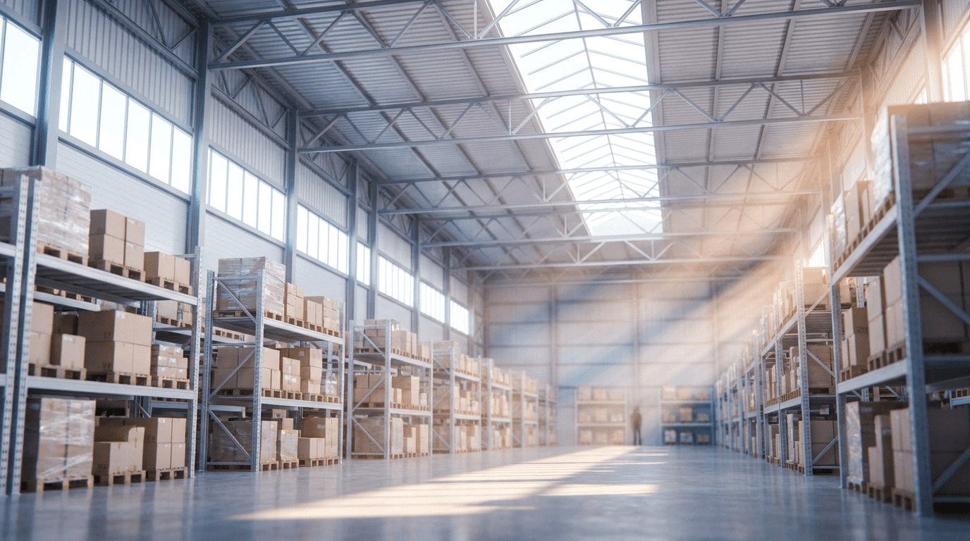 Organized product shelves in modern warehouse