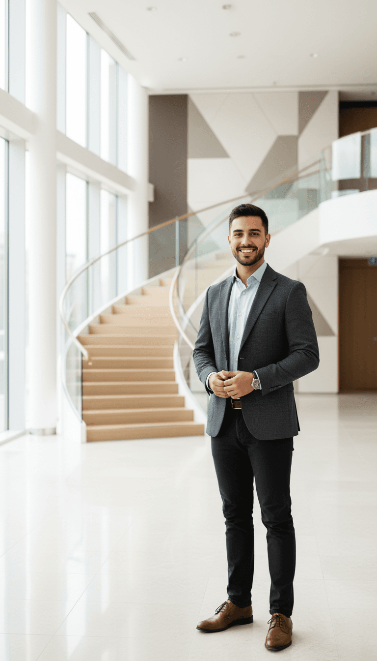 Confident professional man in business casual attire standing in bright modern office lobby environment